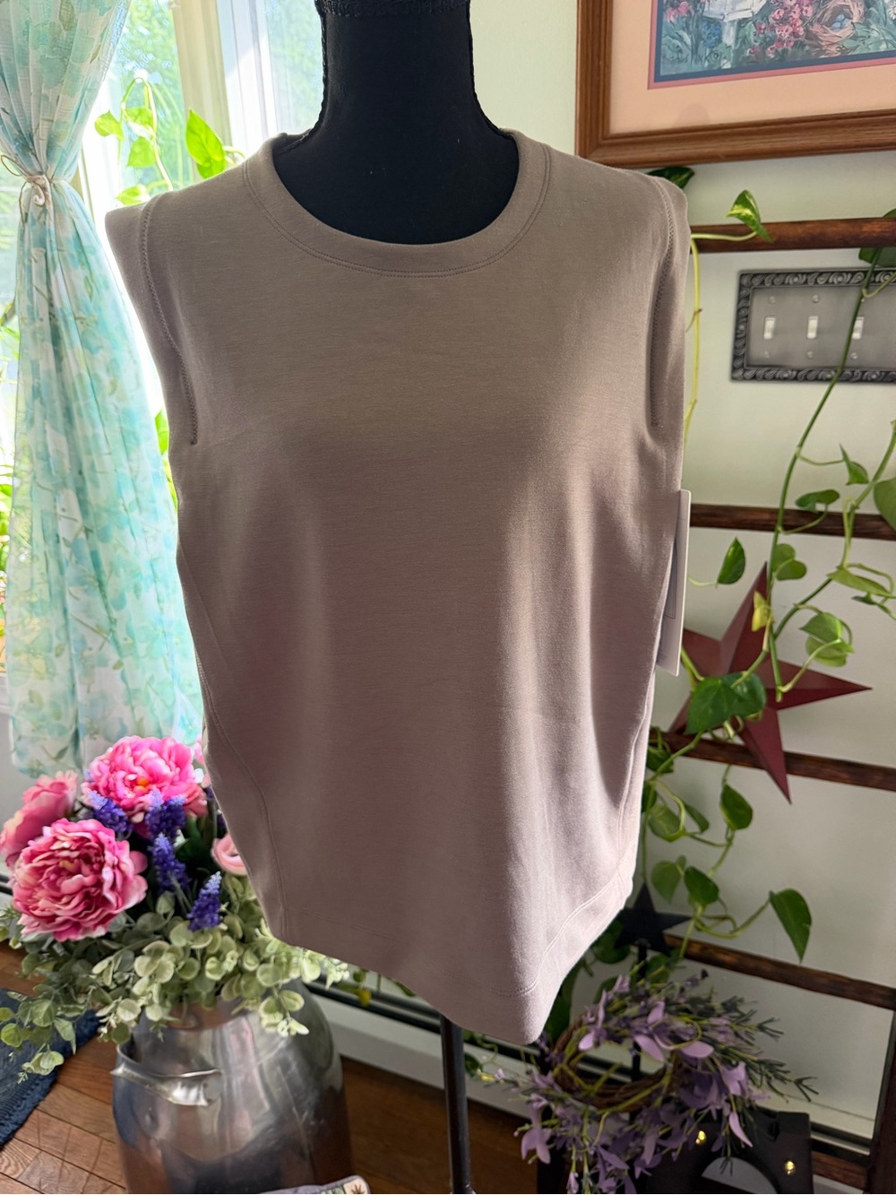 Danskin Sleeveless Crewneck Tank Top in Taupe